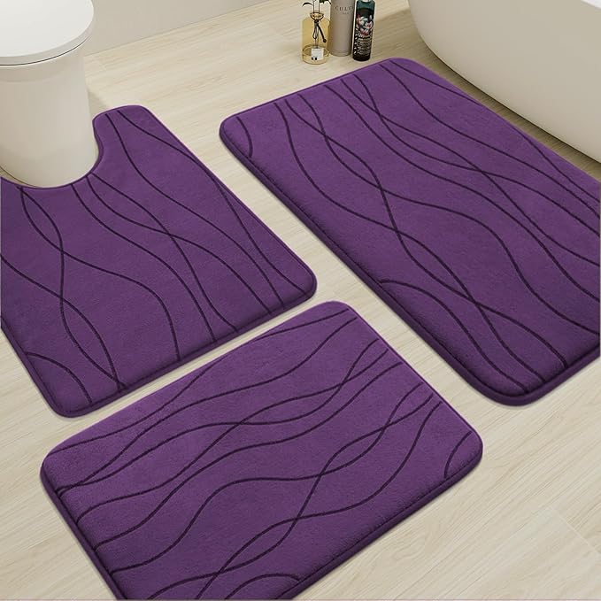 YIHOUSE Bathroom Rugs Set 3 Piece, Memory Foam Bath Mat Purple
