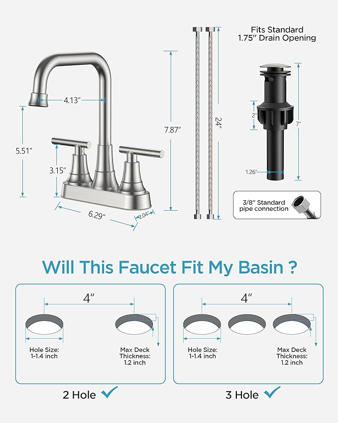 FORIOUS 4 Inch Centerset Bathroom Faucet 3 Hole, 2 Handle Brushed Nickel Faucet for Bathroom Sink with Pop Up Drain Assembly, Lead-Free Sink Faucet for Bathroom Vanity RV