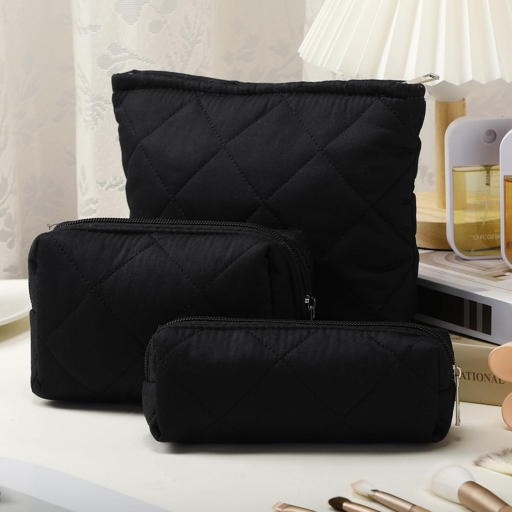 Paterr 3 Pcs Quilted Makeup Bag Set Back to School Favor Small Bridesmaid Cosmetic Bag Aesthetic Travel Pouch Cute Purse Pencil Case Makeup Storage Organizer for Women Birthday Gift(Cotton,Black)