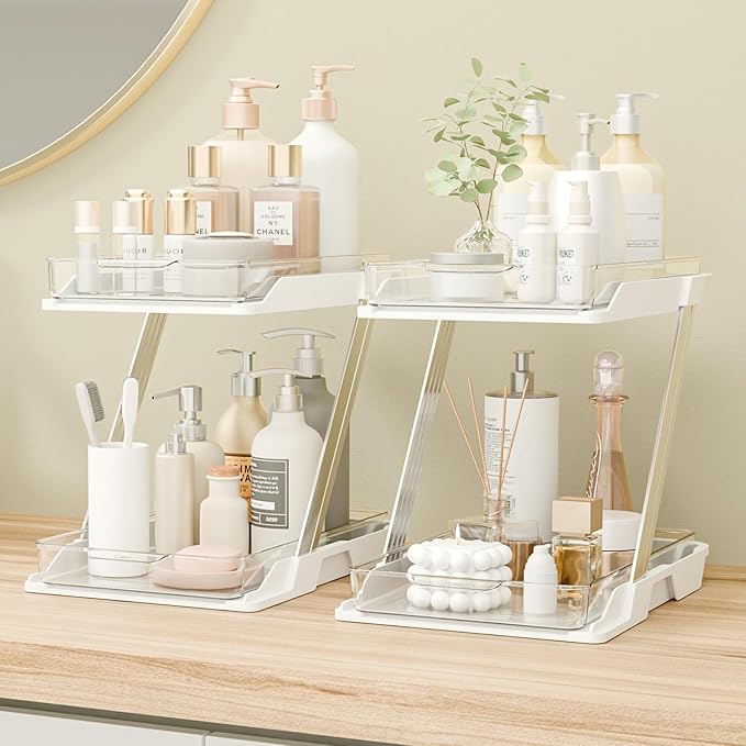 AUGBEAN 2 Pack Bathroom Organizers and Storage - Multi-Purpose,2-Tier Clear Pull Out Organization for Bathroom,Under Sink,Kitchen,Vanity,Countertop,Cabinet,Pantry & Medicine Cabinet,White