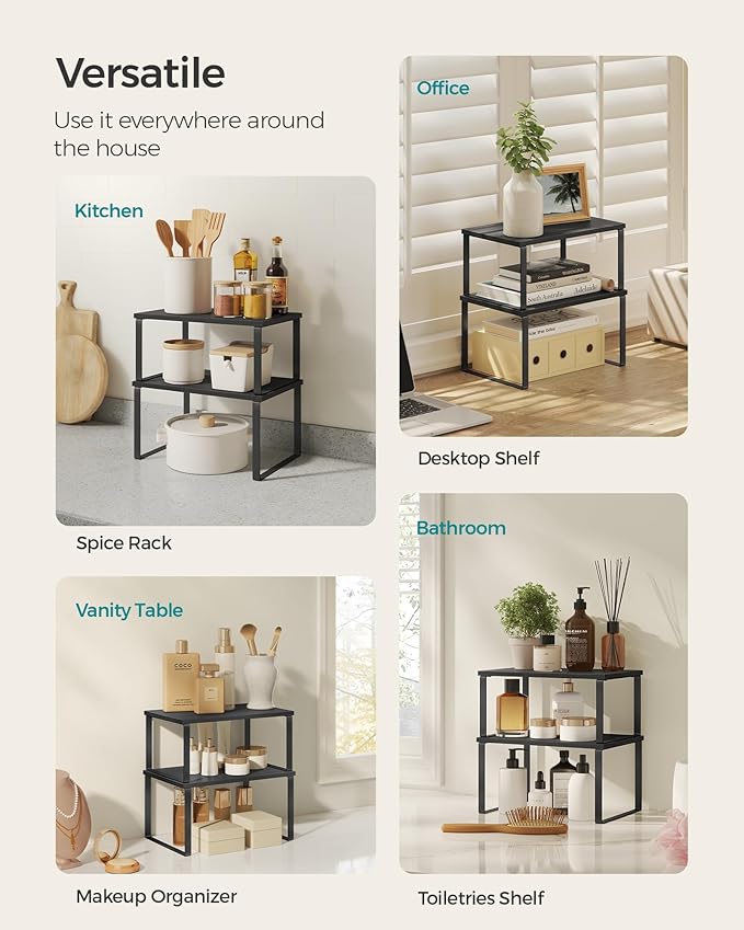 SONGMICS Cabinet Organizer Shelf, Set of 2 Kitchen Counter Shelves, Kitchen Storage, Spice Rack, Stackable, Expandable, Metal and Engineered Wood, 11.7 Inches, Ink Black and Charcoal Black UKCS02B01