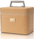 Sluxa Fashion makeup box, Portable leather hard cosmetic case with mirror, Professional train case make up box for women adults. (Beige)