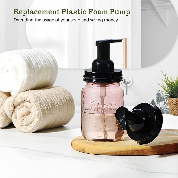 Amolliar Mason Jar Foaming Soap Dispenser Lids, Plastic Foam Pump Lids for Regular Mouth, Foaming Replacement Pump Set, Farmhouse Kitchen BathroomShower, Includes Waterproof Stickers - 4 Pack, Black