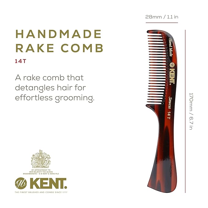 Kent 14T Hair Detangling Comb, Wide Tooth Comb for Long Hair, Wet and Dry Handmade Detangler for Women, Saw-Cut and Hand Polished Made in England