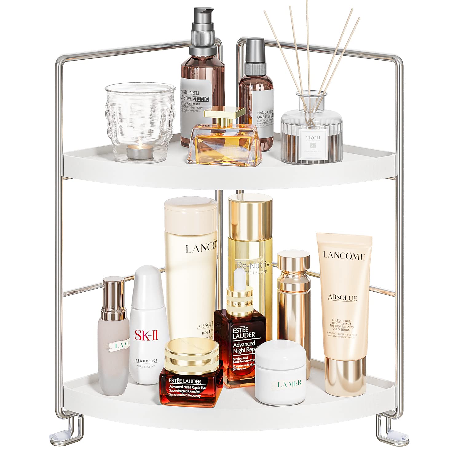 KINGNERWI 2-Tier Bathroom Counter Organizer, Vanity Corner Shelf, Silver