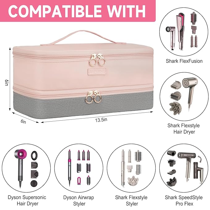 Travel Carrying Case Fits for Shark Flexstyle/FlexFusion/Hair Dryer,2-Layer Hot Tools Bag Fits for Shark Glam,Portable Hair Tools Bag Fits for Dyson Airwrap Styler/Supersonic,Light Pink+Grey