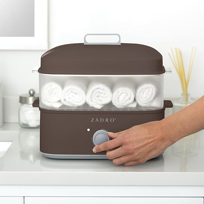 Zadro Towel Steamer with Tongs, 850W Heater, 8L Tray, 1.7L Tank, 30-min Timer for Facials, Manicures, Pedicures, Shaving (13"x12", 120V/850W, 8L, Chocolate)