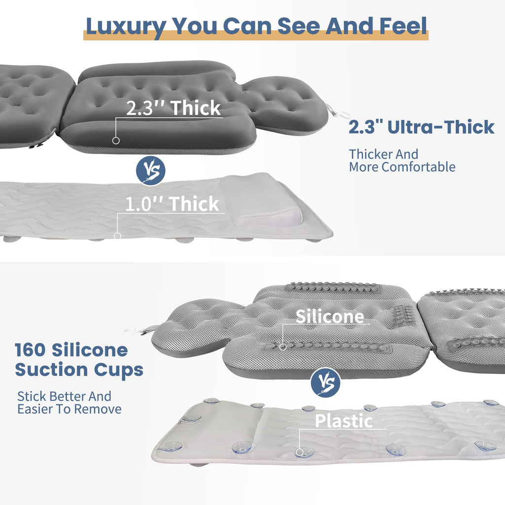 Bath Cushion, Full Body Bathtub Pillow with 160 Suction Cups, Bath Mat for Head and Neck Support, with Laundry Bag (Dark Gray, 56" x 16")