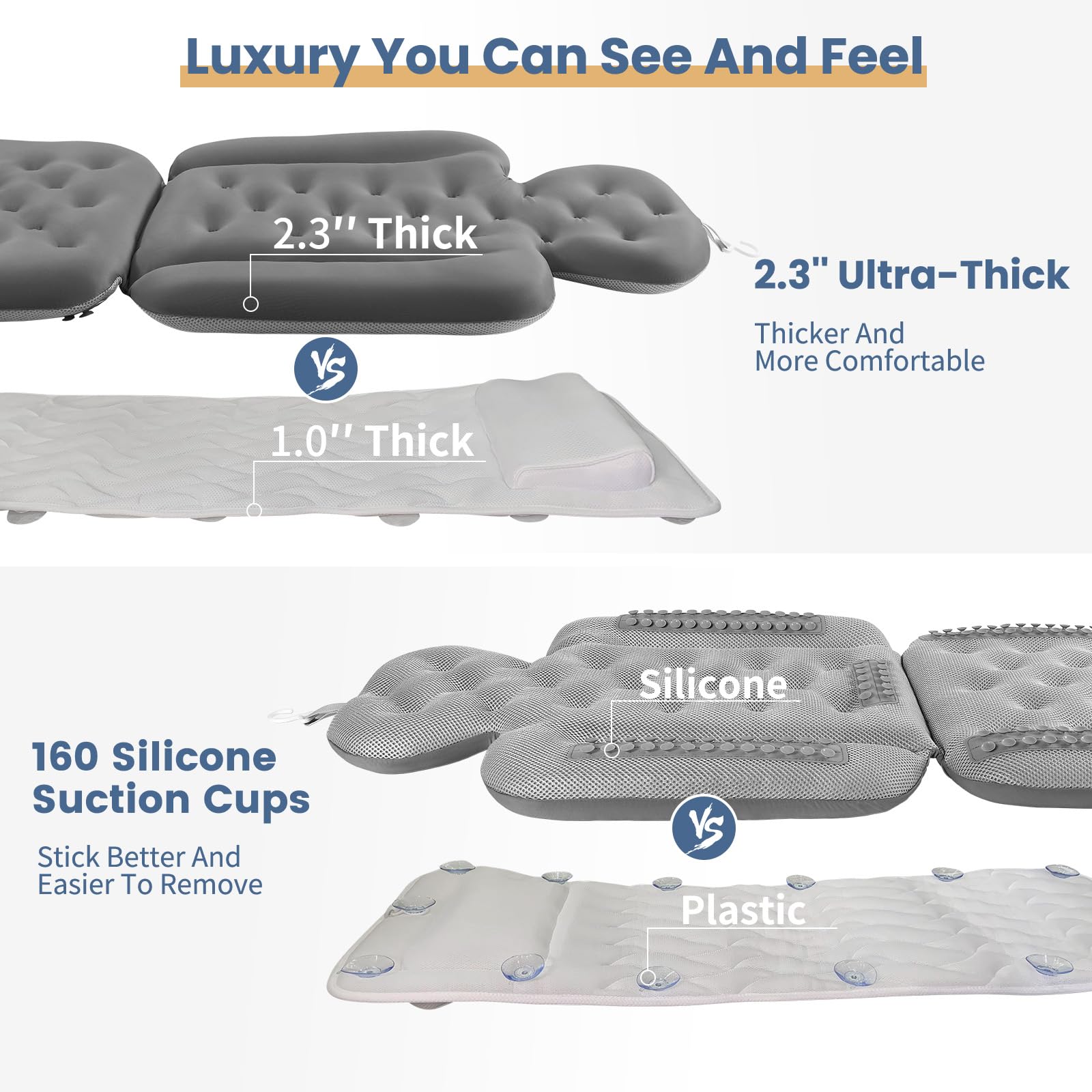 Bath Cushion, Full Body Bathtub Pillow with 160 Suction Cups, Bath Mat for Head and Neck Support, with Laundry Bag (Dark Gray, 56" x 16")