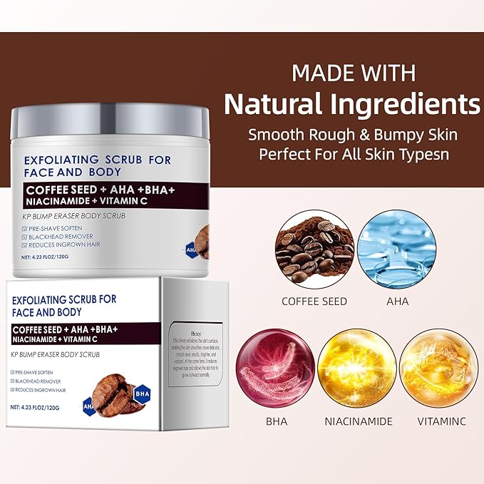 YAFUSIPE KP Bump Eraser Body Scrub with 10% AHA BHA Ingrown Hair Keratosis Pilaris Razor Bump Treatment Exfoliating Body Scrub Exfoliant Face Scrubs for Strawberry Leg Pre-shaven Blackhead 4.23OZ