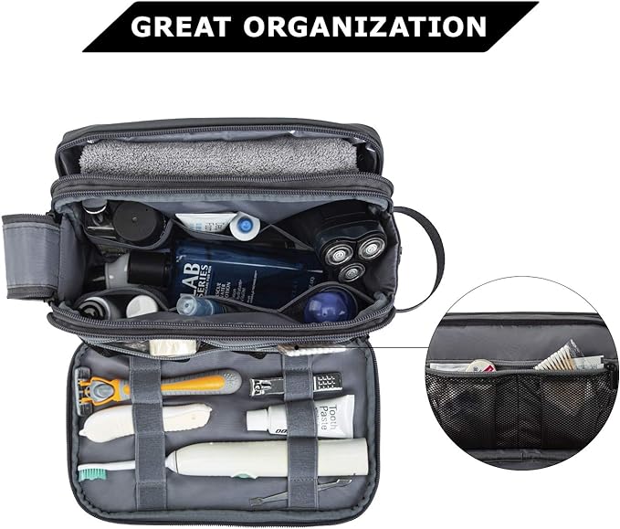 BAGSMART Toiletry Bag for Men, Travel Toiletry Organizer Dopp Kit Water-resistant Shaving Bag for Toiletries Accessories, Door Room Essentials,Grey-medium