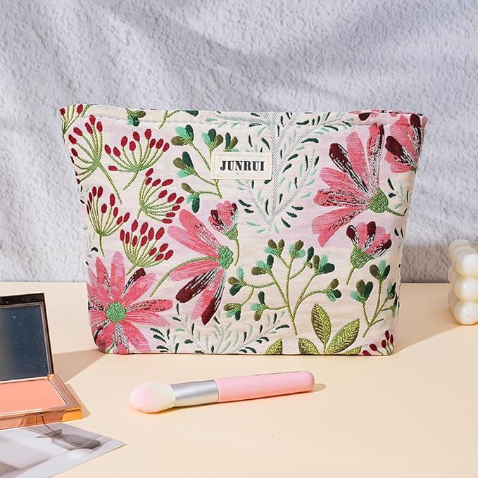 BOCGRPU Makeup Bag Small Cute Cosmetic Bags for Women，Floral Travel Toiletry Bag for Purse, Large Canvas Cosmetic Pouch Makeup Organizer Tool Pouch with Zipper（Colorful Plant）