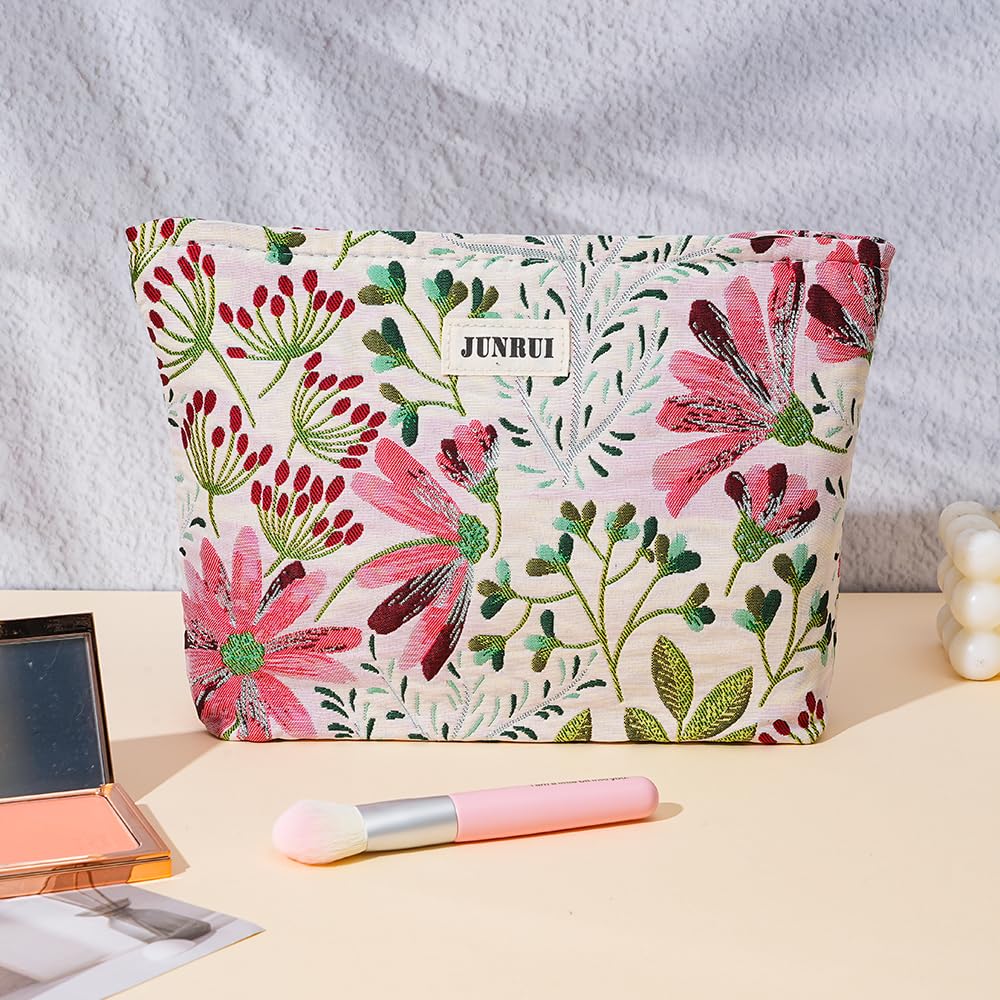 BOCGRPU Makeup Bag Small Cute Cosmetic Bags for Women，Floral Travel Toiletry Bag for Purse, Large Canvas Cosmetic Pouch Makeup Organizer Tool Pouch with Zipper（Colorful Plant）