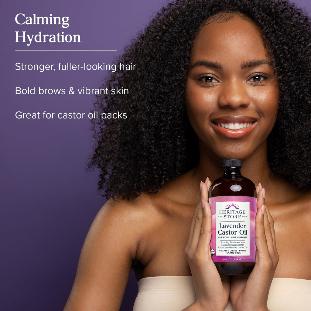 HERITAGE STORE Lavender Castor Oil Organic - Soothing Hair Treatment w/ Lavender Essential Oil - Hair Care, Skin Care, Castor Pack Wrap - Calming Scent, Vegan, Hexane Free, 60-Day Guarantee, 8oz