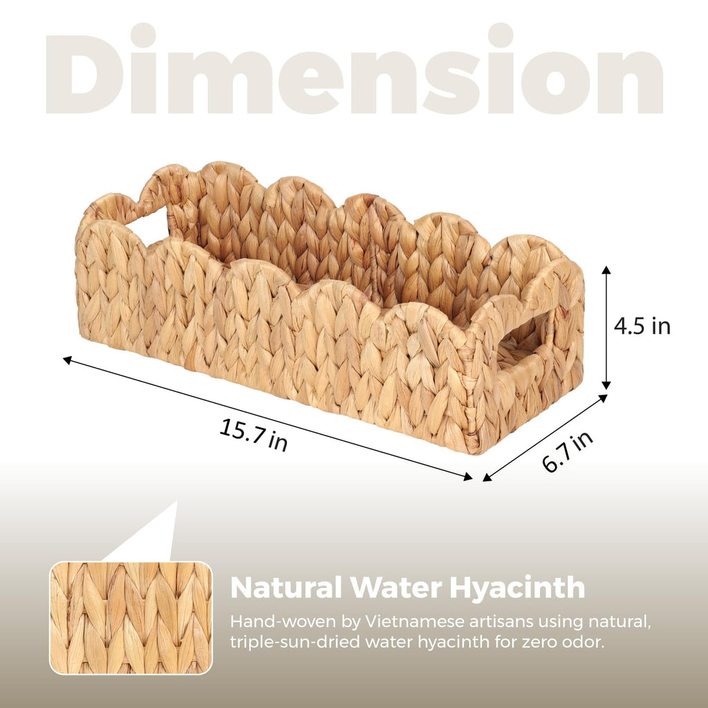 2 Pcs Handwoven Water Hyacinth Scalloped Countertop Storage Basket, Toilet Tank Basket for Bathroom, Scalloped Edge Wicker Rectangle Basket for Toilet Paper Baskets (2, Natural)