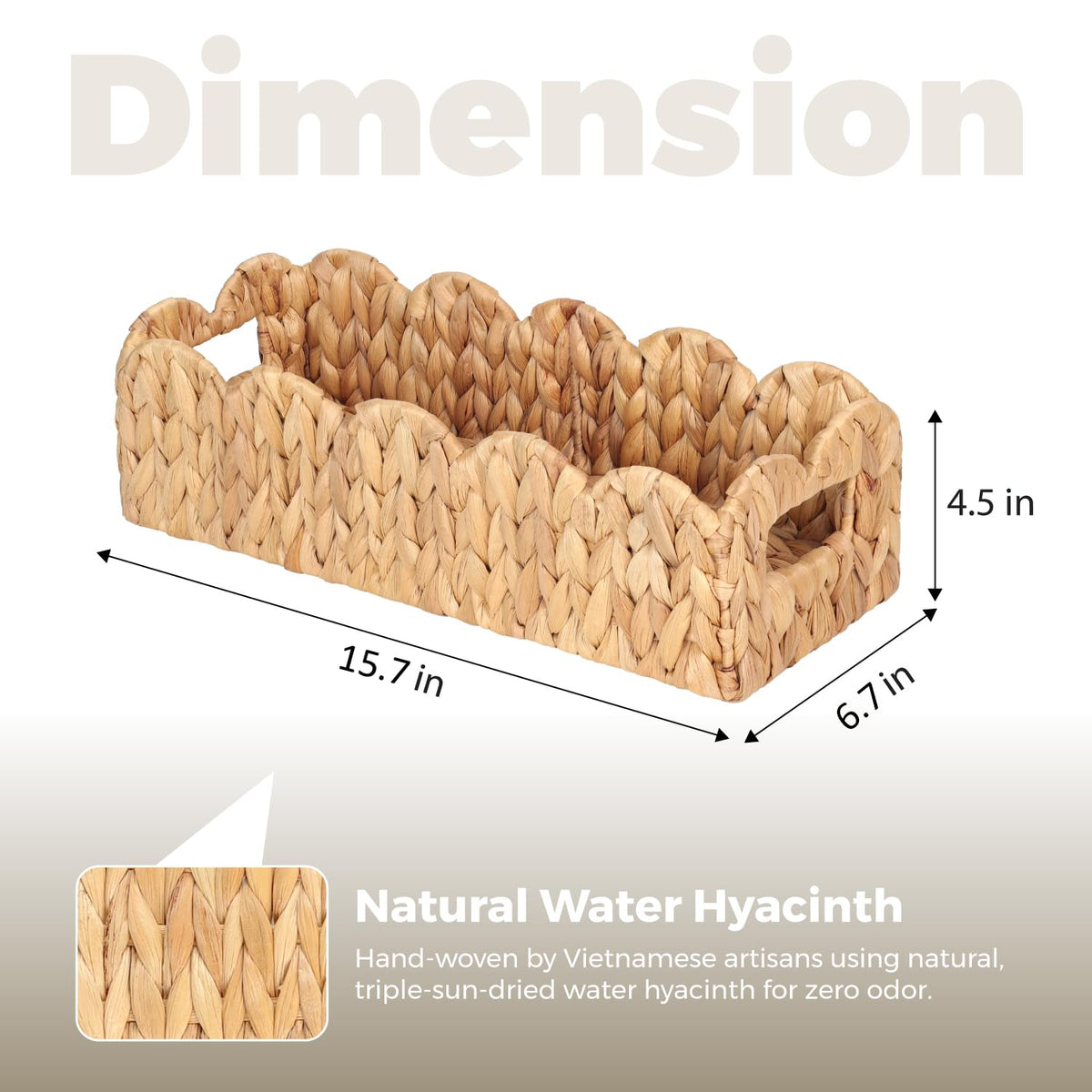2 Pcs Handwoven Water Hyacinth Scalloped Countertop Storage Basket, Toilet Tank Basket for Bathroom, Scalloped Edge Wicker Rectangle Basket for Toilet Paper Baskets (2, Natural)