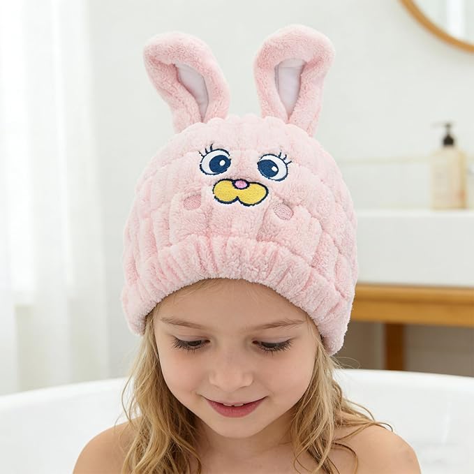 Ksheria 2 PCS Microfiber Hair Towel Wrap for Kids, Girls & Women,Cute Unicorn and White Rabbit Dry Hair Cap - Super Absorbent Quick Drying, Lightweight Turban Towel for Wet Hair (Brown) (Color A)