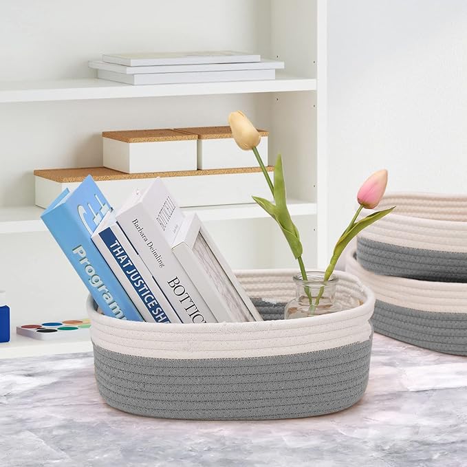 HLWDFLZ 7 Piece Cotton Rope Woven Basket Set - Small Basket for Baby Nursery, Pets, Montessori, Dog & Cat Toy Boxes, Bathroom Organization Bins (White/Gray)