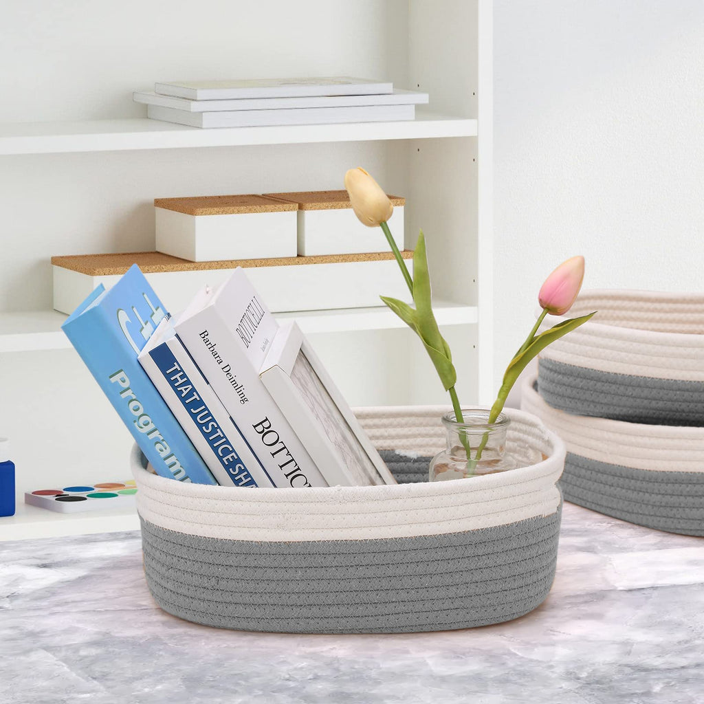 HLWDFLZ 7 Piece Cotton Rope Woven Basket Set - Small Basket for Baby Nursery, Pets, Montessori, Dog & Cat Toy Boxes, Bathroom Organization Bins (White/Gray)