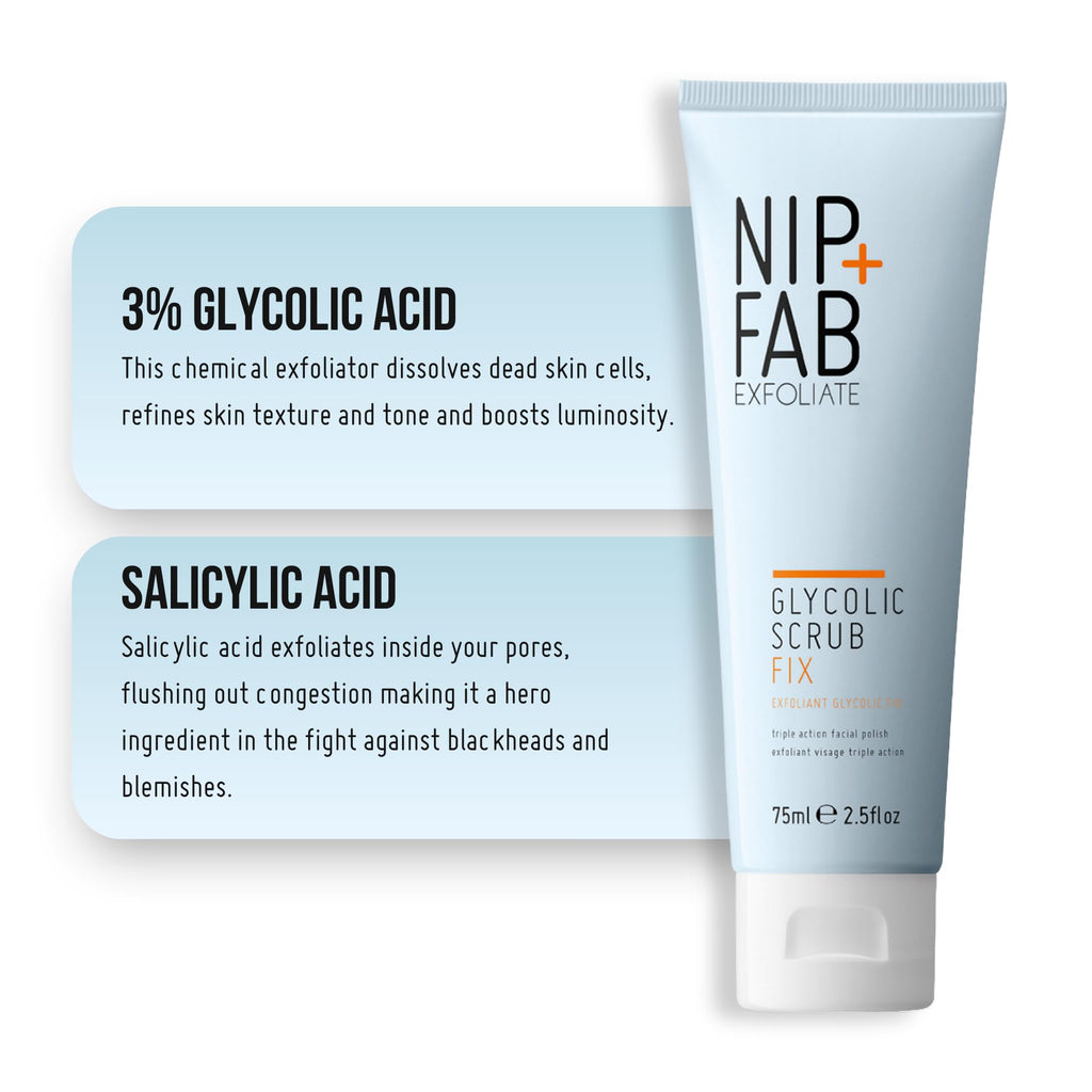 Nip + Fab Glycolic Fix Scrub (2.5 fl oz) – 3% Glycolic Acid 3-in-1 Facial Exfoliator – Brightening AHA Face Scrub with Salicylic Acid for Smooth Radiant Skin