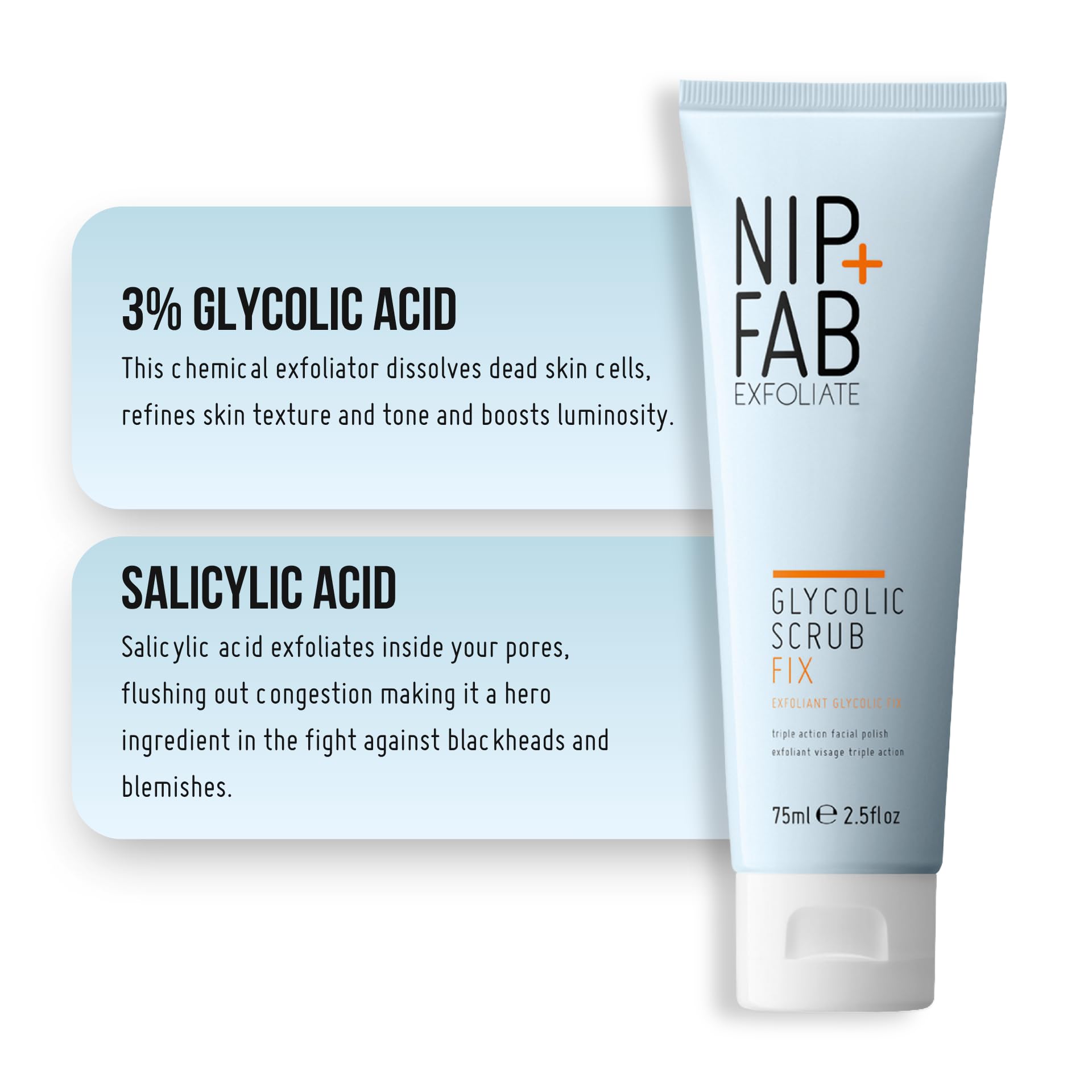 Nip + Fab Glycolic Fix Scrub (2.5 fl oz) – 3% Glycolic Acid 3-in-1 Facial Exfoliator – Brightening AHA Face Scrub with Salicylic Acid for Smooth Radiant Skin