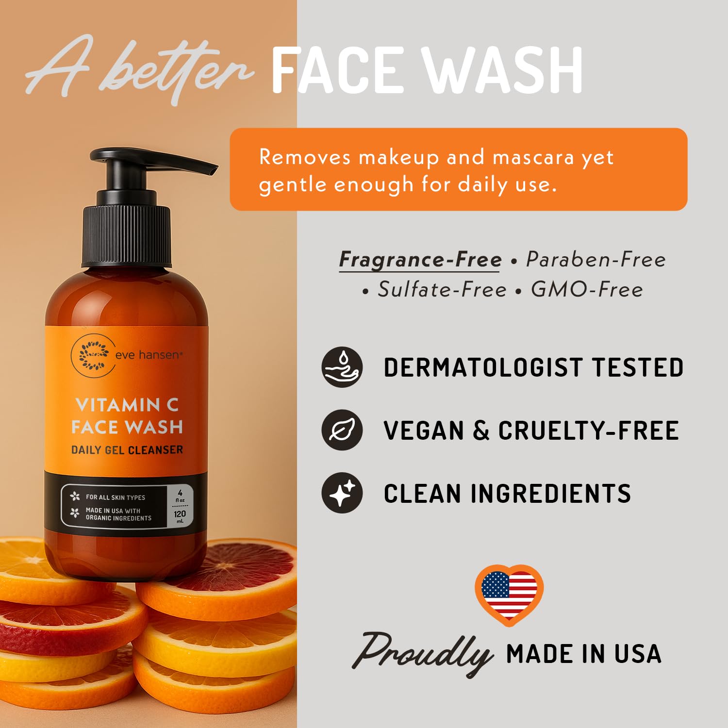 Eve Hansen Vitamin C Cleanser Face Wash | Anti Aging Facial Cleanser for Fine Lines, Age Spots, Dark Circles | Cruelty Free Skin Care Cleansing Gel with Aloe Vera, Vitamin E (4 oz)