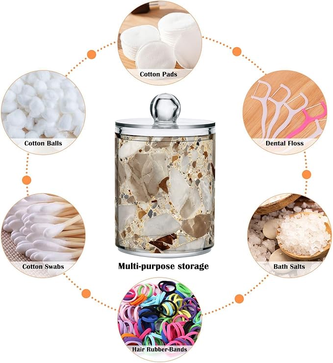 xmycdz 2 Pack Brown Marble Print Apothecary Jars with Lid, 10 Oz Marble Print Clear Plastic Apothecary Jar Set Qtip Holder Storage Containers for Cotton Ball Swabs Bathroom Vanity