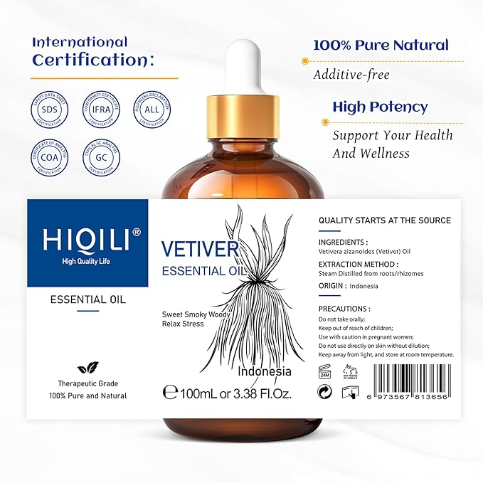 HIQILI Vetiver Essential Oil for Skin, Perfume, Aromatherapy