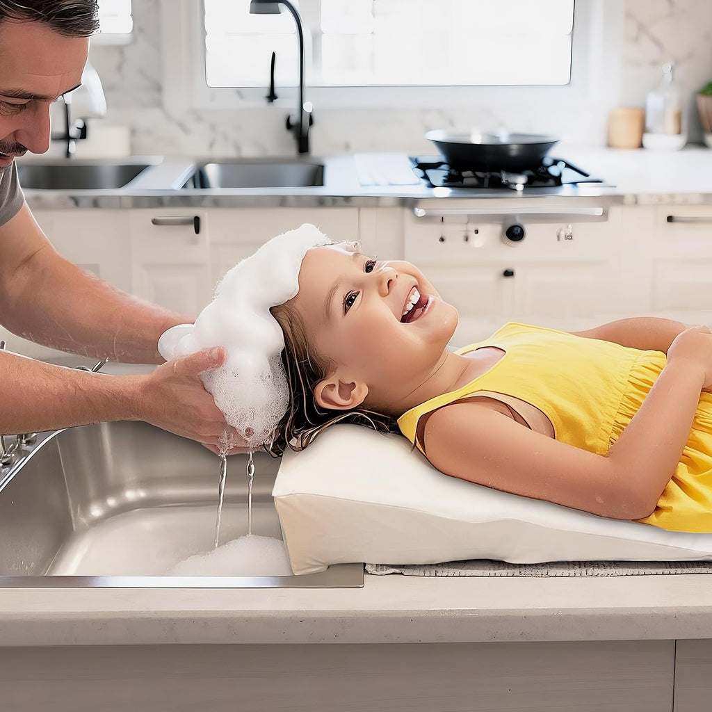 Wibeelee Hair Washing Station for Kids Waterproof Shampoo Foam Mat with Ergonomic Design Non Slip Bath Pillow Sink Soft Neck Support for Easy Hair Wash(White)