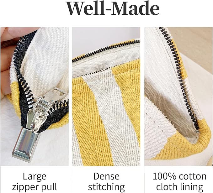 ITGOWISA Yellow Striped Makeup Bag for Women, Travel Makeup Pouch Purse