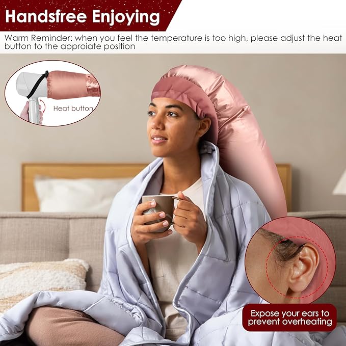 TEPENAR Hair Dryer Bonnet Attachment: Upgraded Extra Large Hooded Dryer Adjustable Hair Dryer Caps - Easy to Use for Natural Curly Textured Hair Care Styling Fast Drying - Rose Gold