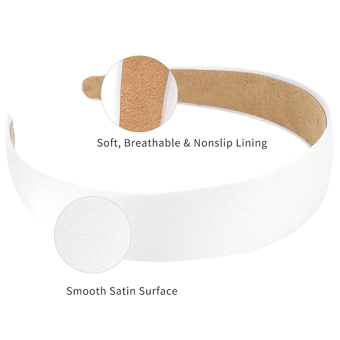 Wecoe 10 Pack White Headband 1 Inch Wide Satin Headbands Women Non Slip Fashion Plain Head Bands Solid Hair Bands DIY Holiday Hair Accessories for Women Girls Diademas Para Mujer