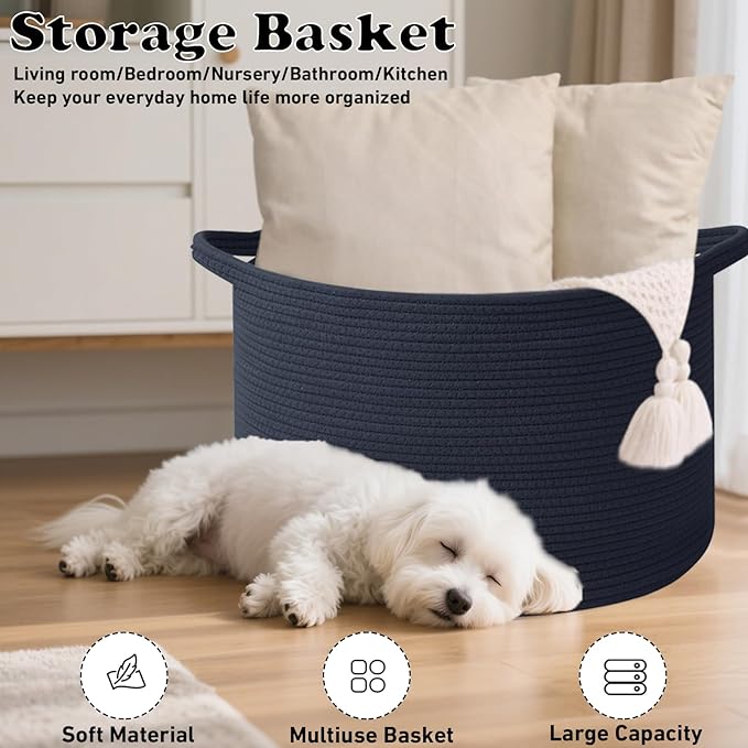 115L Large Blanket Basket,23.6" L x 23.6" W x 15.7" H Rope Woven Baskets with Handles, Toys Storage Bins,Laundry Basket Perfect for Living Room, Nursery,Bedroom,Home Organization,Dark Blue
