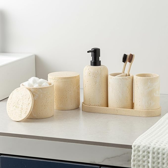 WUUAHOME Bathroom Accessories Set, Travertine Stone-Look, 6 PCS, Yellow