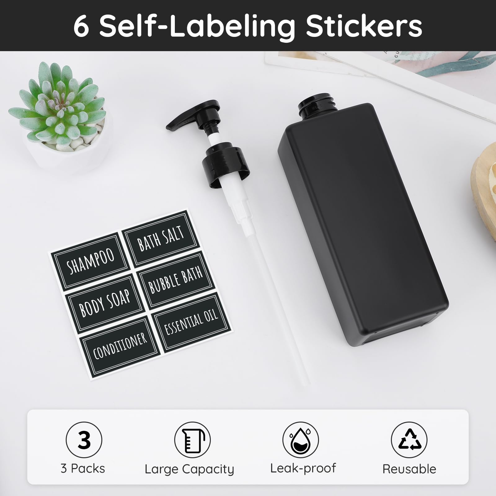 Segbeauty Matte Black Soap Dispenser, 3 Pack 16.9oz Refillable Shampoo and Conditioner Bottles with Labels, 500ml Empty Plastic Square Shower Dispenser Bathroom Soap Dispenser Set for Body Soap