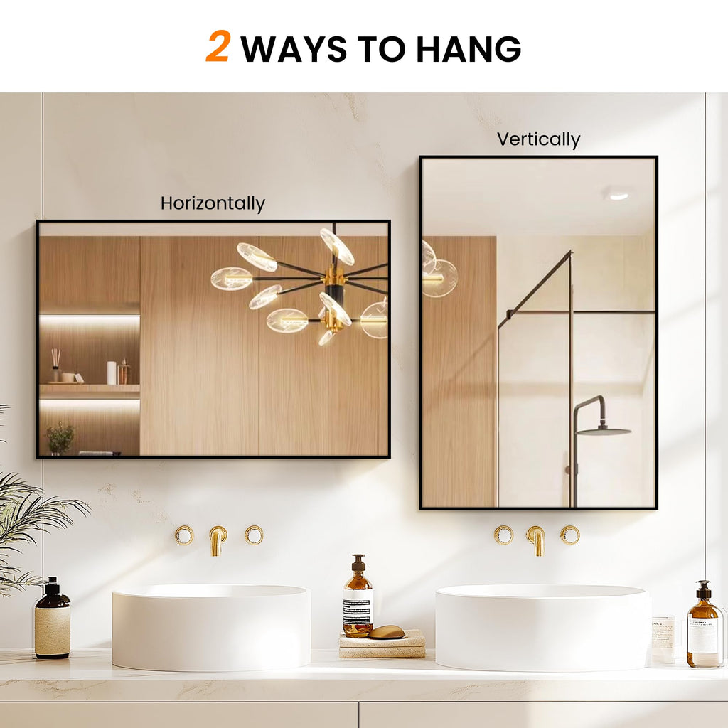 TRAHOME Bathroom Vanity Mirror for Wall, 36" x 24" Metal Framed Rectangular Bathroom Wall Mirror for Over Sink, HD Shatterproof Glass, Hangs Horizontally or Vertically(Black)