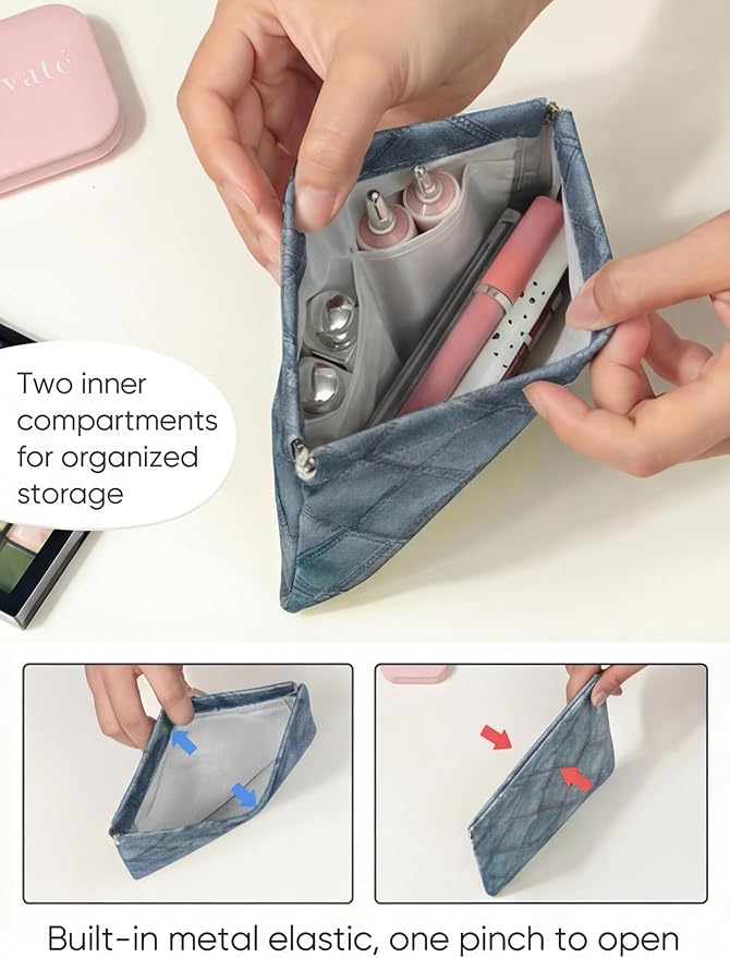 Ksriylm Denim Blue PU Leather Makeup Pouch Set for Women Small Checkered Make Up Bag for Purse Waterproof Initial Makeup Cosmetic Bags Pouches for Purse Aesthetic Travel Toiletry Bag,
