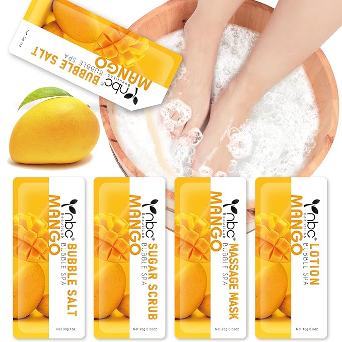 nbc BeautiLab Pedicure Kit Foot Soak Set: Bubble Salt, Sugar Scrub, Massage Mask, Massage Lotion in a Box, 4 Step Foot Spa Kit for Dry Feet,Tired Feet （1 Set Mango)