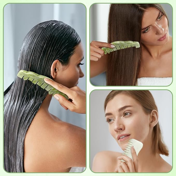 Geiserailie 2 Pcs Jade Combs Esthetician Supplies Massage Stone Hair Gua Sha Scraping Scalp Comb Facial Massage Tool Handheld Head Tools Head Caring Therapy Mother's Day for Women(Chic Style)