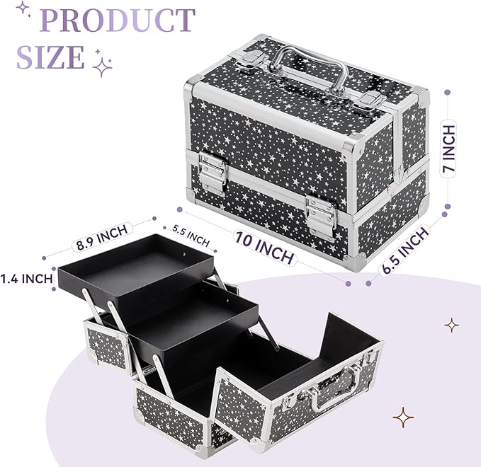 Leeora&Leekoo Makeup Train Case Cosmetic Box Portable Makeup Case Organizer 2 Trays Makeup Storage for Cosmetologist Aesthetic Supplies Nail Tech Traveling Makeup Box (Flashing Star)