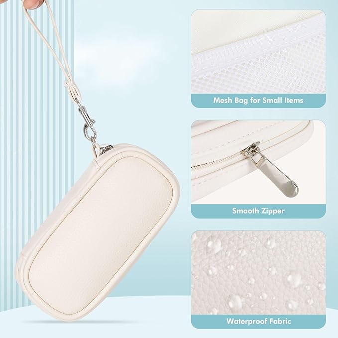 Teircno Portable Tampon Organizer Bag, Beige PU Pouch with Handle and Zipper for Women's Period Products