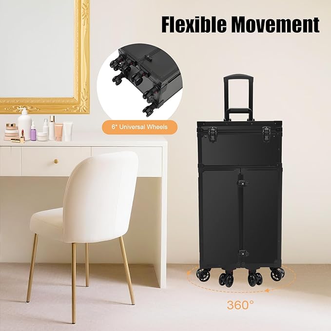 QUEWATSA Rolling Makeup Case Large Storage Cosmetic Trolley, Rolling Lockable Makeup Train Case, Stylist Beauty Salon Cosmetic Luggage Travel Organizer Tool Box