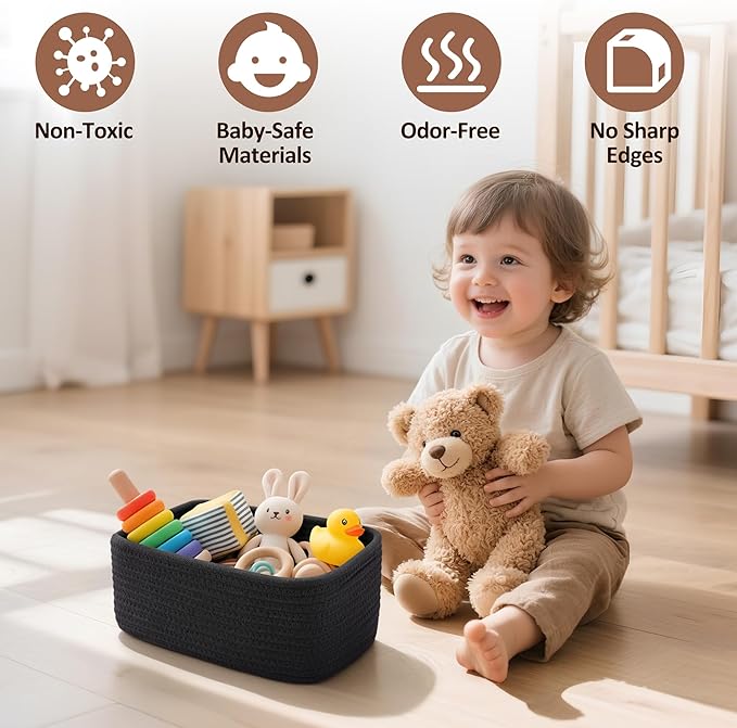 VIRETH HAUS 5-Pack Small Woven Rope Storage Baskets – 2 Sizes Organizer Bins for Closet, Shelf, Bookshelf, Nursery, Changing Table, Fabric Cube Boxes, Rectangular Shallow Bins for Bathroom, Toy & Home