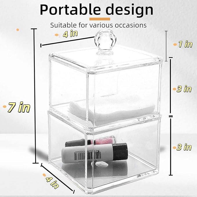 UShioart Stackable Square Acrylic Cotton Ball Holder Q-tip Holder Bathroom Swab Dispenser (Twin pack)