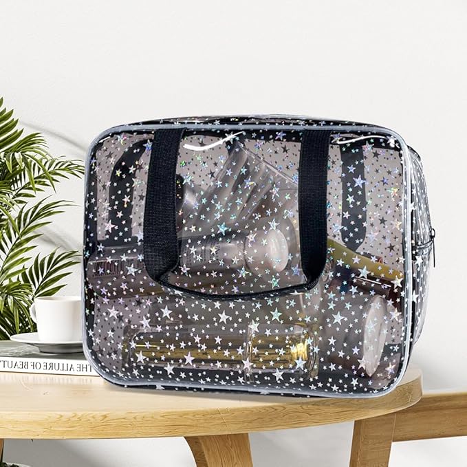 TotePrint Black Holographic Star Cosmetic Bag for Women 11.8x5.1x8.2 Inches Portable Travel Toiletry Bag with Handles,Durable PVC Material,Zipper Design-Ideal Large Clear Makeup Organizer