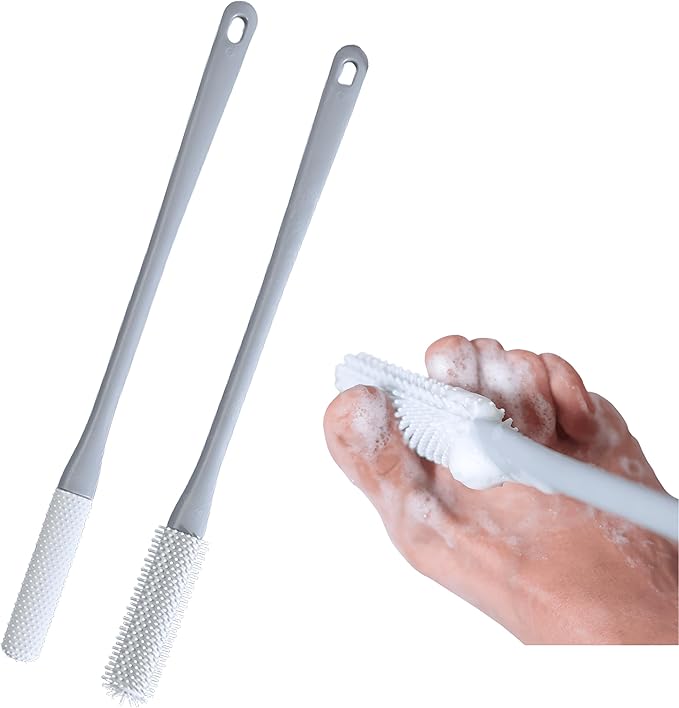Nurlypop Toe Cleaning Brush with 15.7" Long Handle,Foot Scrubber in Shower,No Bending, Ideal for Seniors, Expecting Mothers, Men & Women | Foot Scrubber & Anti-Itch Exfoliating Brush (2 Pack) (Grey)