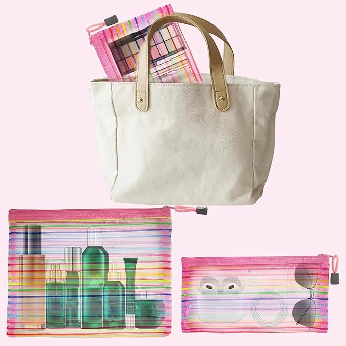 CarryEpic Mesh Bags with Zipper (6 Pack), Nylon Makeup Bag Cosmetic Pouches Travel Organizer Case for Purse Diaper Bag Home Organizing Striped Multi Size Pink