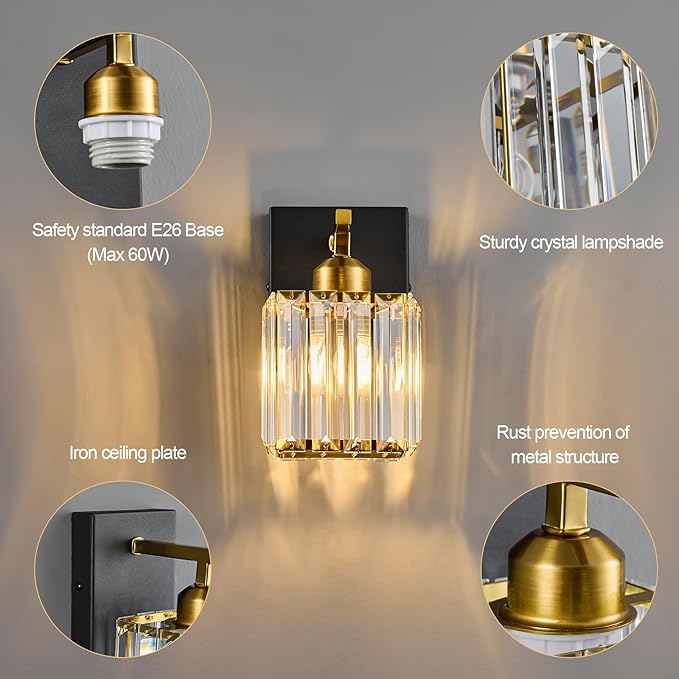 Modern Wall Sconce Set of Two Indoor Wall Lamp Black Gold Wall Sconces Crystal Wall Light Bathroom Vanity Light Fixtures Wall Mounted Room Sconce Wall Lighting