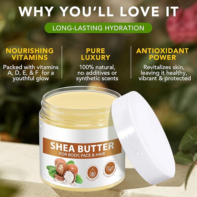 Organic Raw Shea Butter, 100% Pure & Unrefined - For Intense Moisture on Dry Skin, Hair & Lips, Natural DIY Body Butter Base, Rich in Vitamins A, E, F, 7.8 oz