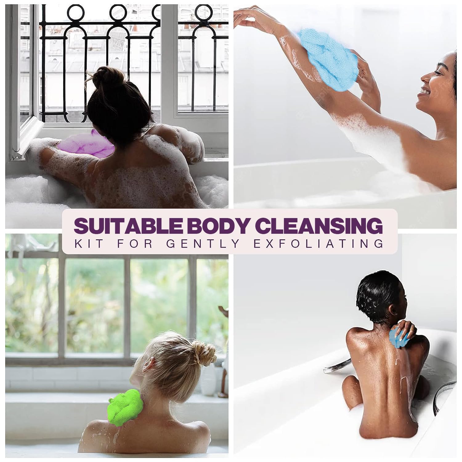 RIUOTA 3 Pieces Exfoliating Washcloth Shower Towel African Net Sponge Japanese Wash Cloth Face Exfoliating Sponge Loofah Exfoliating Body Scrubber for Body Exfoliation (Purple,Blue,Green)